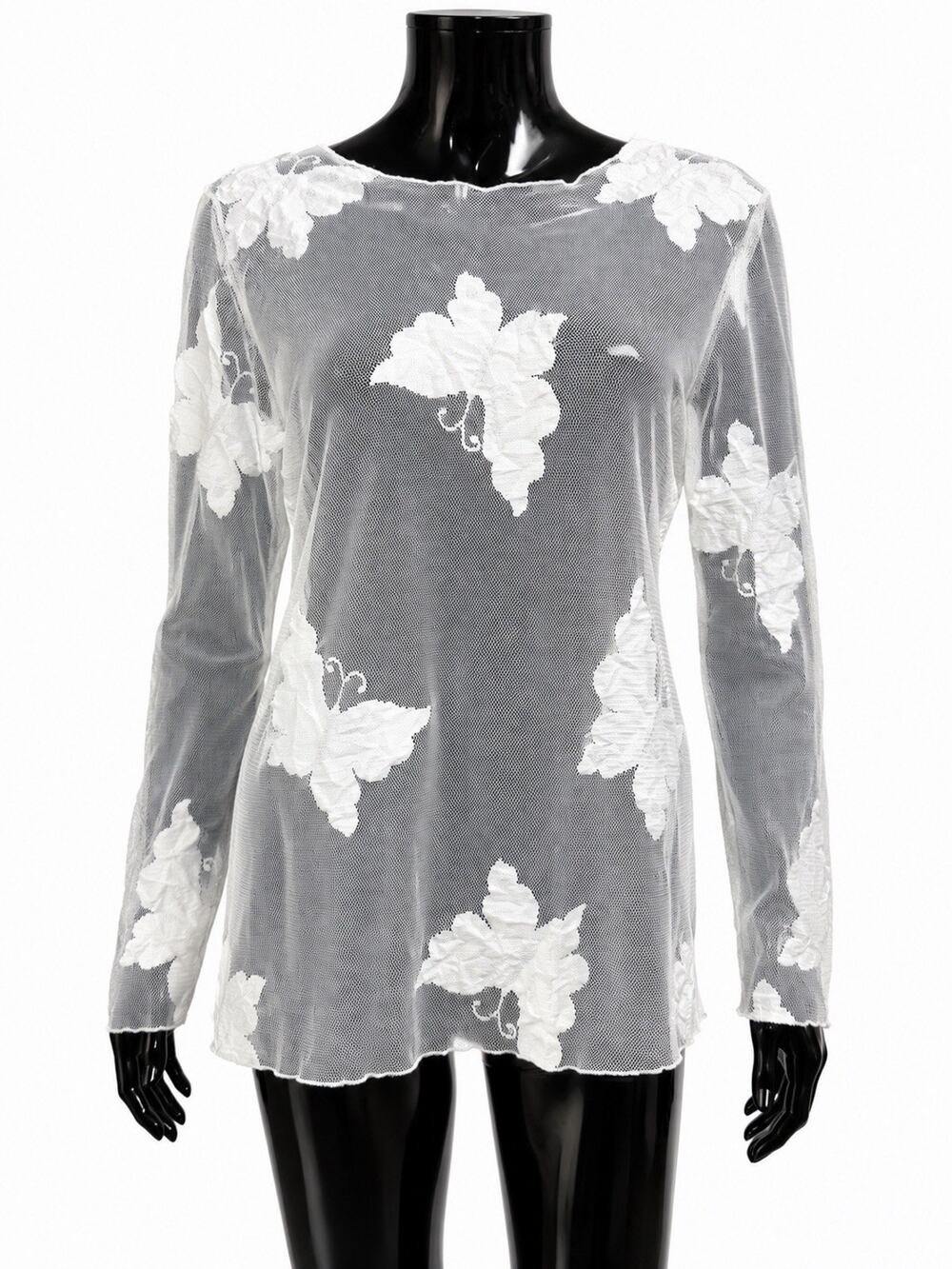 Karen Kane Lifestyle Sheer Mesh Floral Applique Top White Long Sleeve M